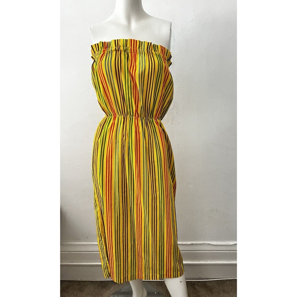 Yellow Striped Strapless Midi Dress
